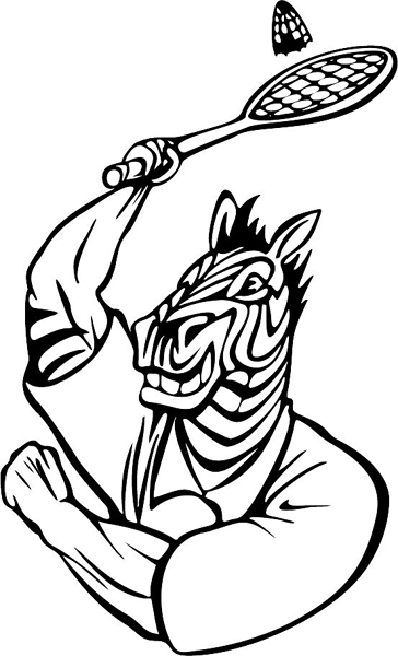 Zebra badminton mascot action sports sticker. Personalize as you order. MASCOTS_5BL_080