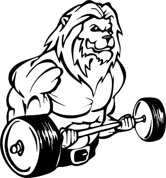 Lion weight-lifter mascot action sports sticker. Customize as you order. MASCOTS_5BL_081