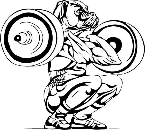 Muscled dog weightlifter mascot sports vinyl decal. Customize on line. MASCOTS_5BL_100