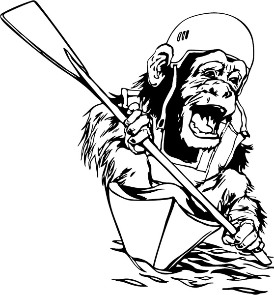 Chimpanzee in a rowboat mascot vinyl sports sticker. Customize on line. MASCOTS_6BL_27