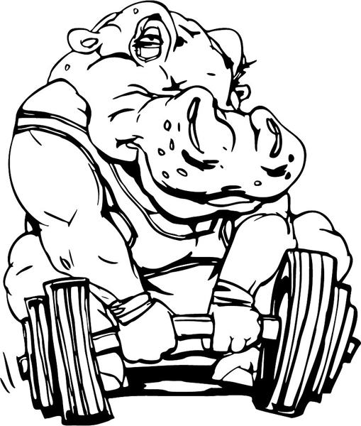 Hippo weightlifting mascot sports action decal. Customize on line. MASCOTS_6BL_28
