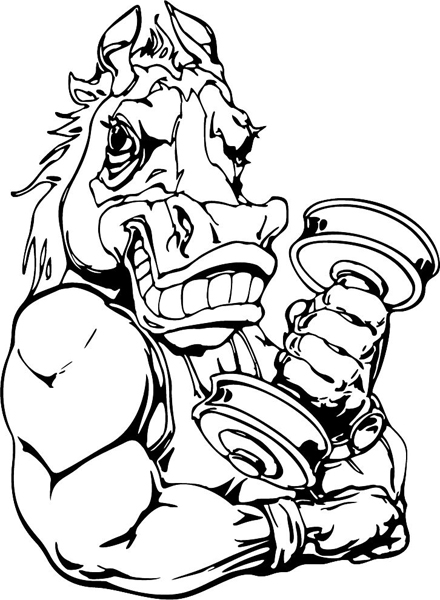 Mustang weightlifting mascot sports action vinyl sticker. Personalize on line. MASCOTS_6BL_40