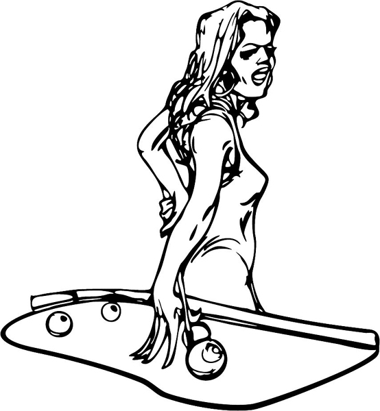 Lady pool player action sports sticker. Customize on line. POOLHALL_DARTS_6BL_01