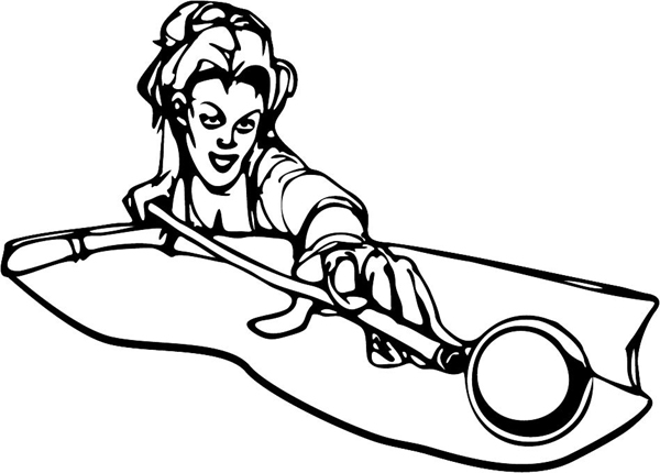 Lady pool playing vinyl sports decal. Customize on line. POOLHALL_DARTS_6BL_03