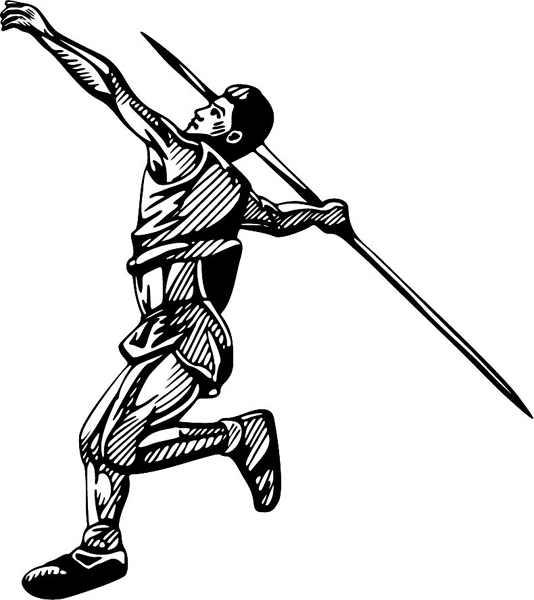 Javelin thrower sports action sticker. Customize on line. TRACK_FIELD_4BL_09